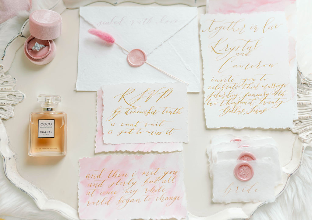 pink wedding, Pink watercolor stationary invitation suite, hand-torn place cards with wax seals, pink velvet ring box, custom calligraphy invitations, dallas wedding planners, dfw wedding planners, dfw wedding design, dallas wedding design, alexa elizabeth design