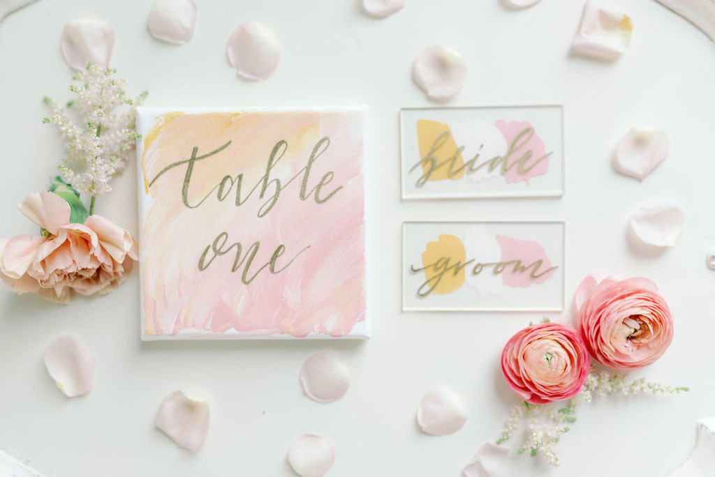 pink wedding, Watercolor table numbers, custom calligraphy table numbers, acrylic place cards, acrylic place settings, dallas wedding planners, dfw wedding planners, dfw wedding design, dallas wedding design, alexa elizabeth design